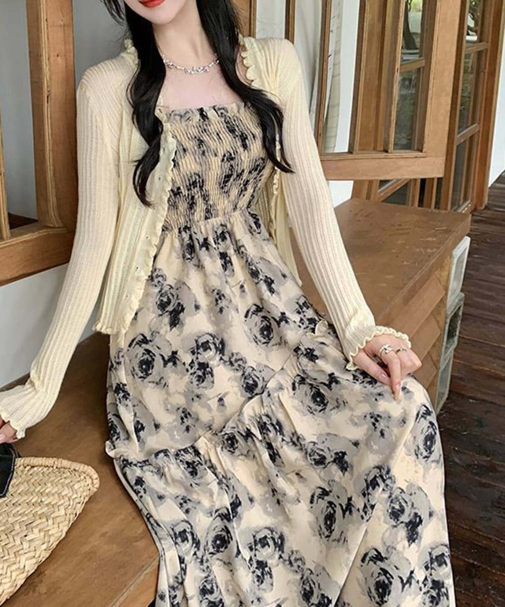 イエベ春/イエベ秋服　花柄シャーリング キャミワンピース ロング丈