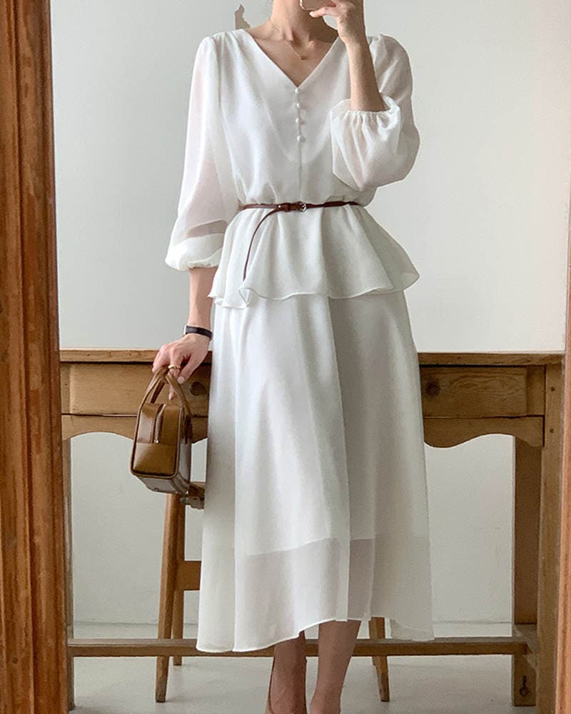 イエベ春/イエベ秋服　上品な気質 ブイネック ベルト付きワンピース