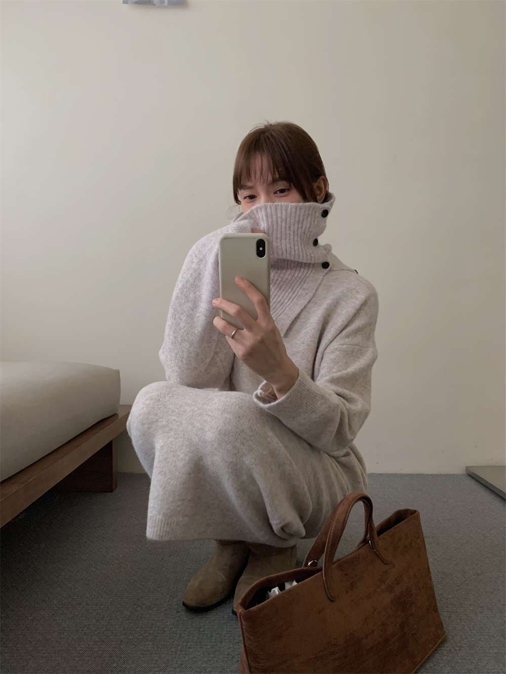 イエベ春/イエベ秋服　上質リブニット風タートルセットアップ