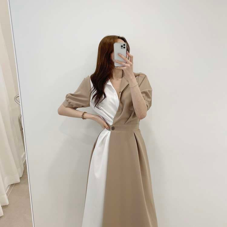 イエベ春/イエベ秋服　ドレープ切替ベルテッドワンピース