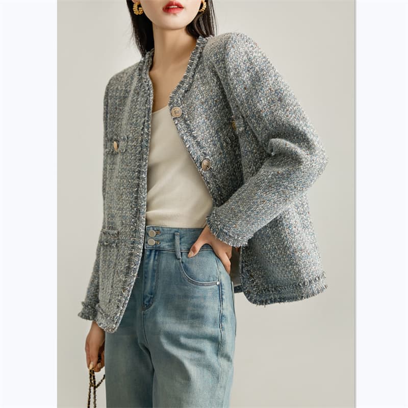 上品ツイード調ノーカラージャケット