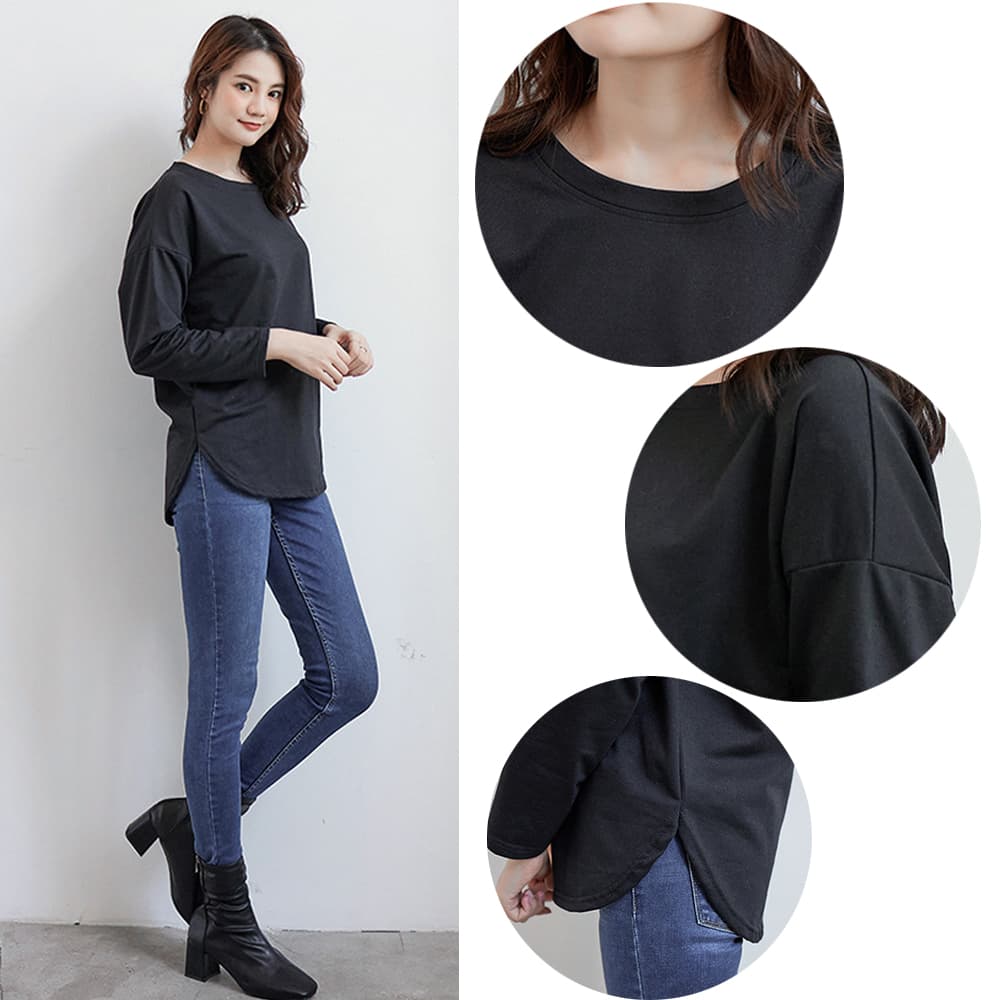 イエベ春/イエベ秋服　サイドスリット入り体型カバーティーシャツ 重ね着対応
