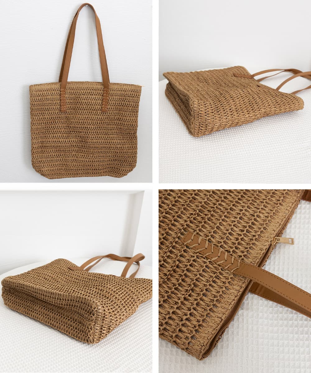 イエベ春/イエベ秋服　涼やか麦わらバッグ 大容量トートかごバッグ