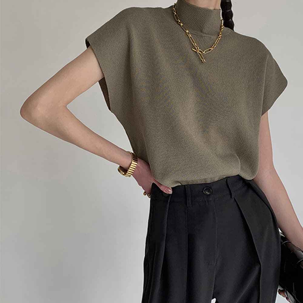 イエベ春/イエベ秋服　高品質ニット ハイネック フレンチスリーブ