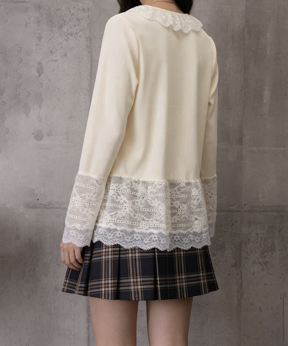 イエベ春服　レース切り替え長袖ティーシャツ女性らしいトップス