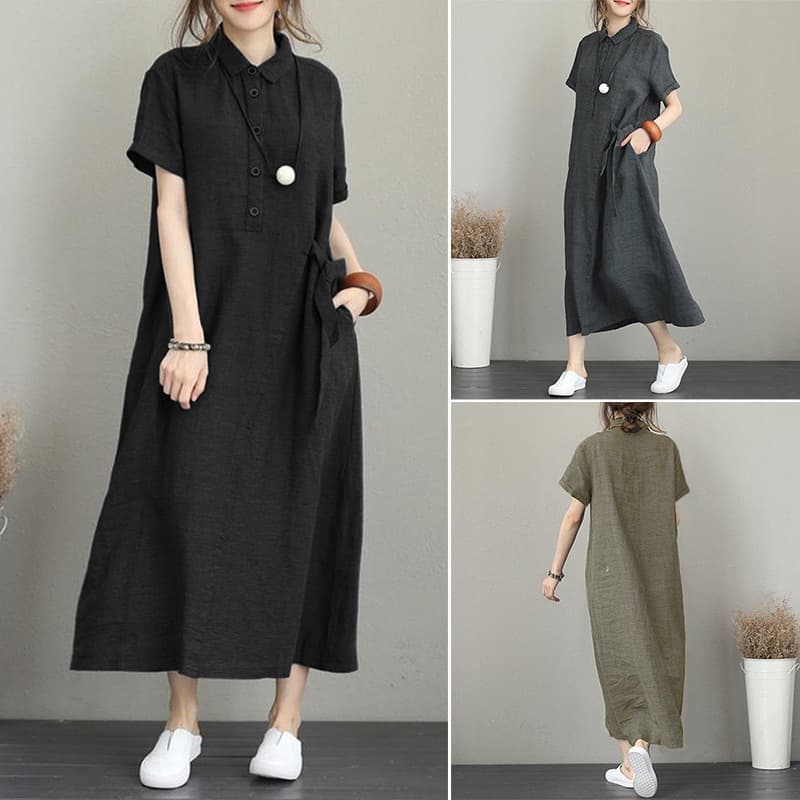 イエベ秋服　ナチュラルリネン調襟付き半袖ロングシャツワンピース
