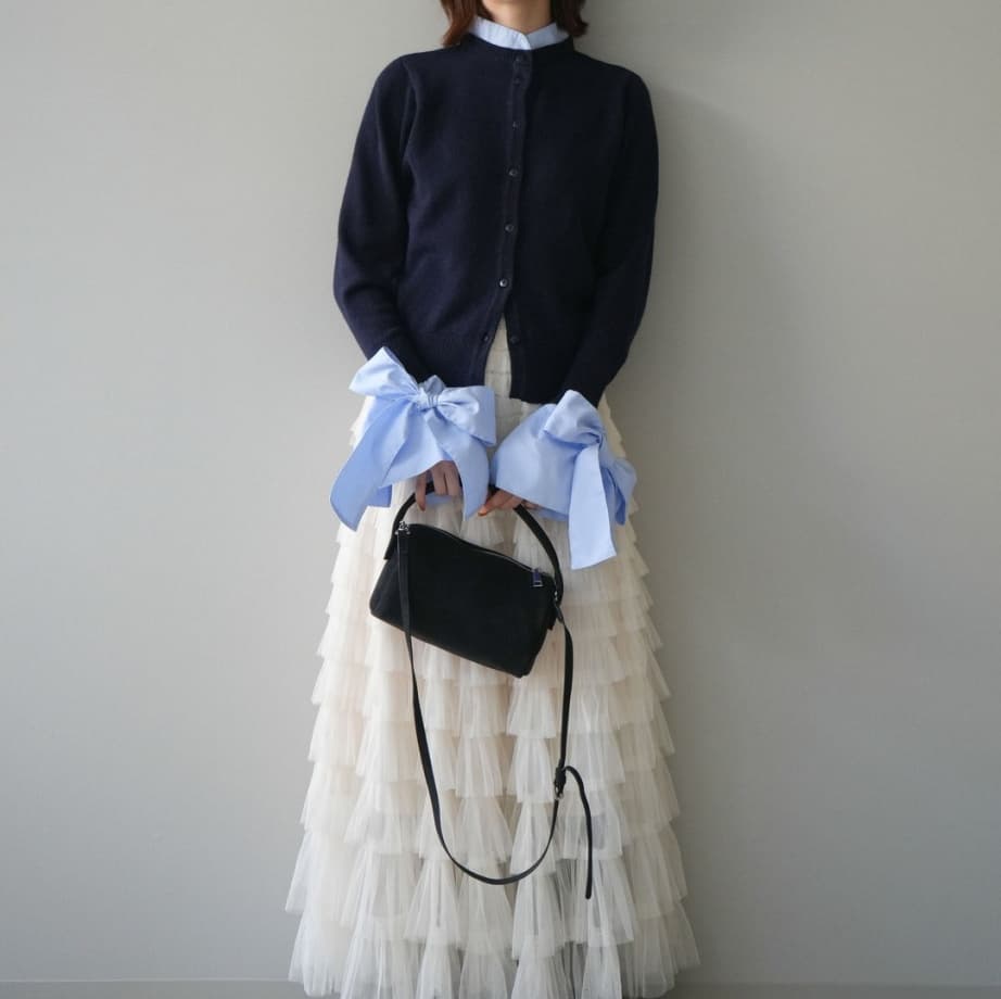 イエベ春服　リボン切り替えニットカーディガン重ね着風