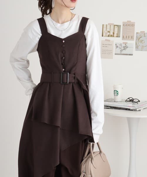 イエベ春/イエベ秋服　アシンメトリー重ね切替ワンピース