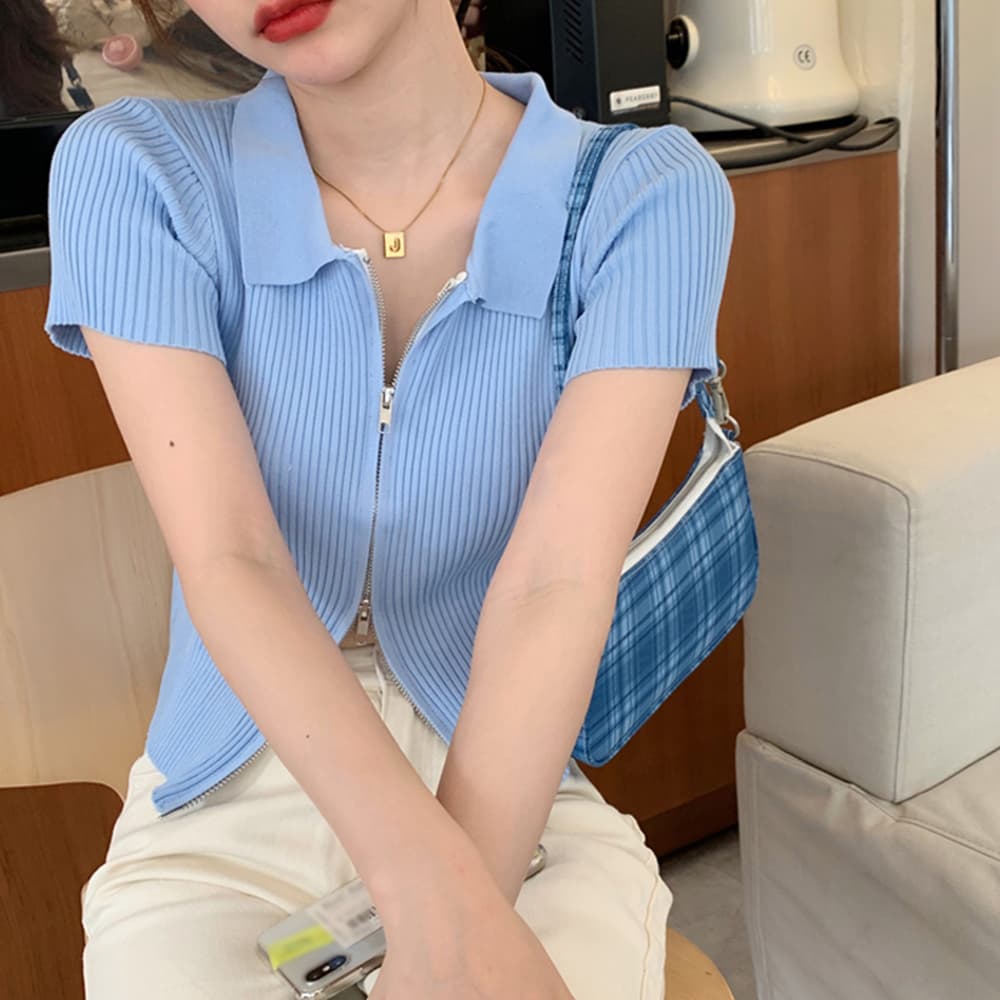 イエベ春服　リブ編みジッパー半袖カーディガン