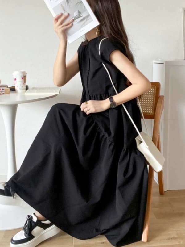 イエベ春/イエベ秋服　爽やか縦縞ティアードワンピース