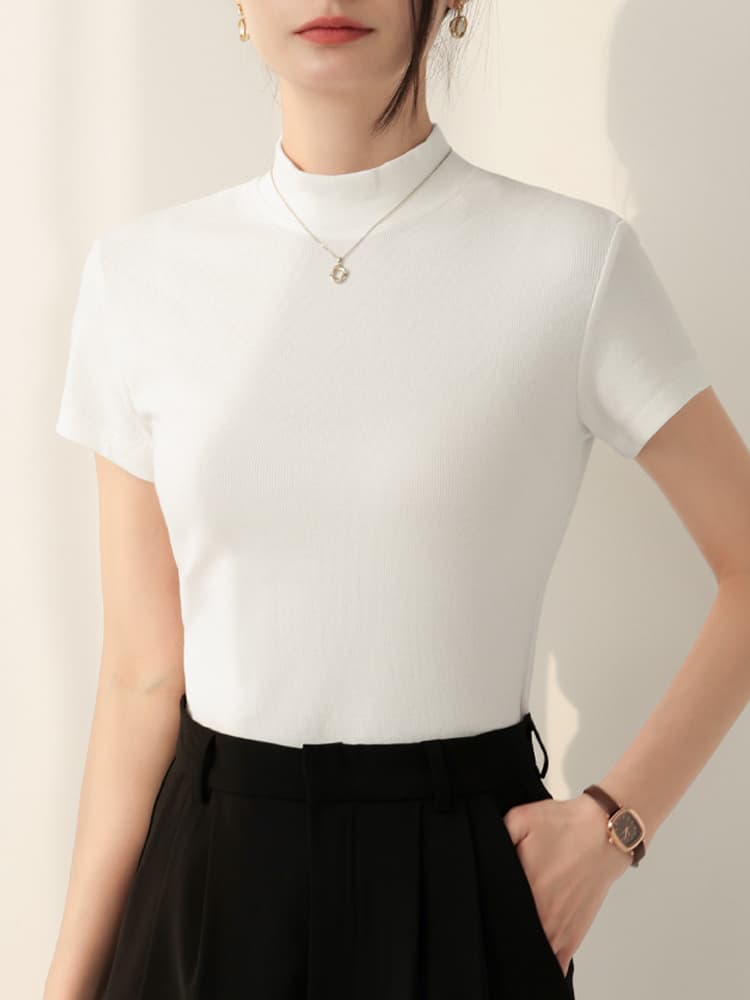 イエベ春服　すっきり見せ半袖モックネックカットソー