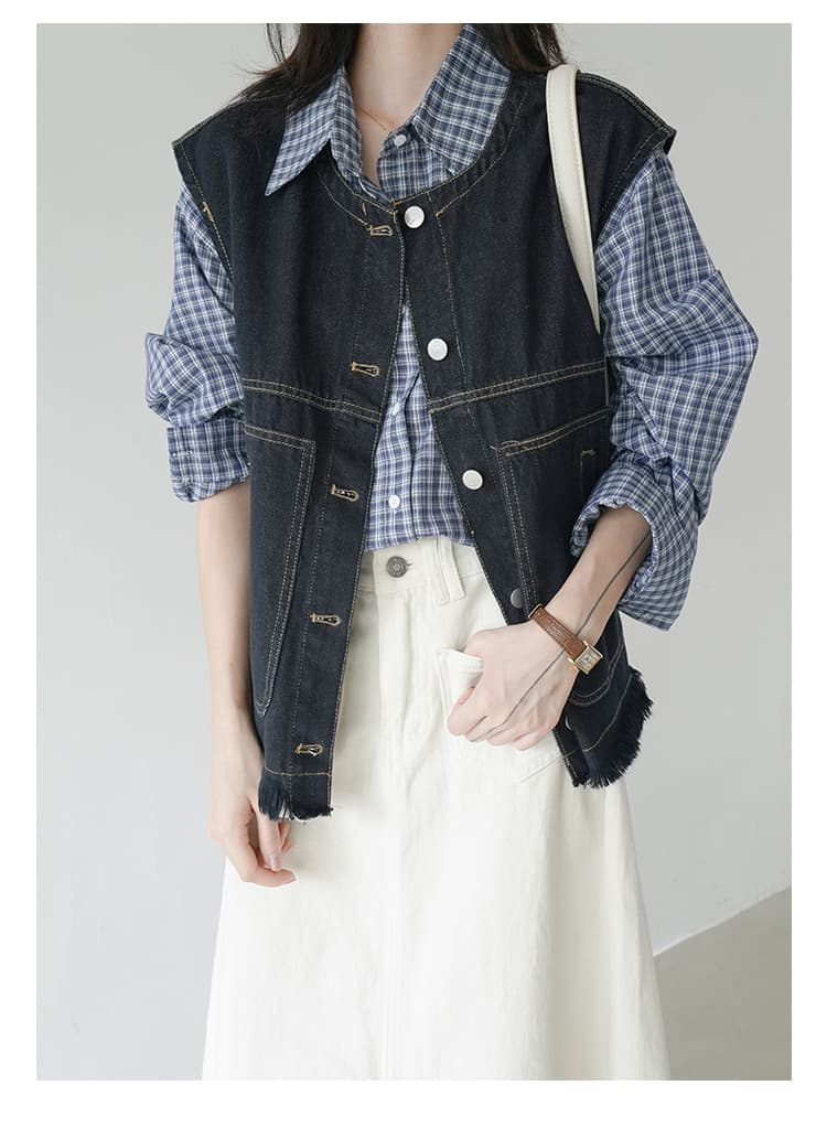 イエベ秋服　断ち切りフリンジ デニムベスト