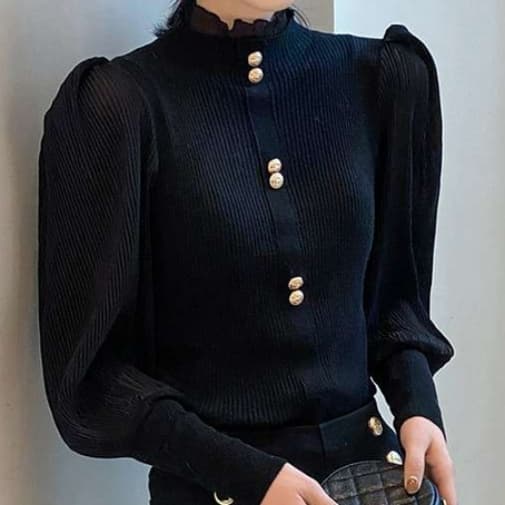 イエベ春/イエベ秋服　エレガントリブ編み立ち襟ブラウス