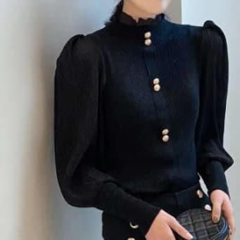 イエベ春/イエベ秋服　エレガントリブ編み立ち襟ブラウス