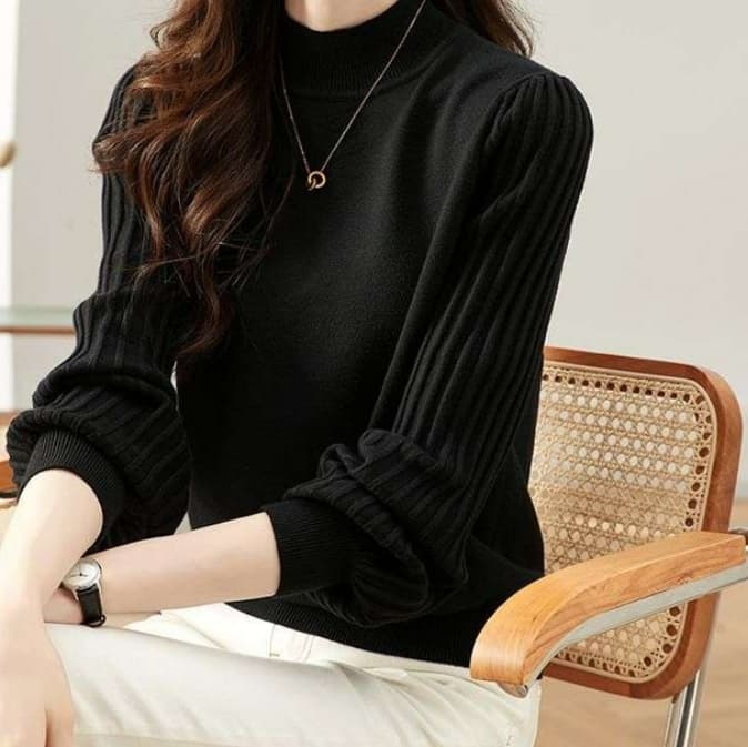 イエベ春/イエベ秋服　ふんわり袖モックネックニット