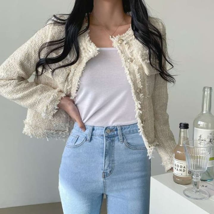 イエベ春/イエベ秋服　ツイード風フリンジトリムジャケット