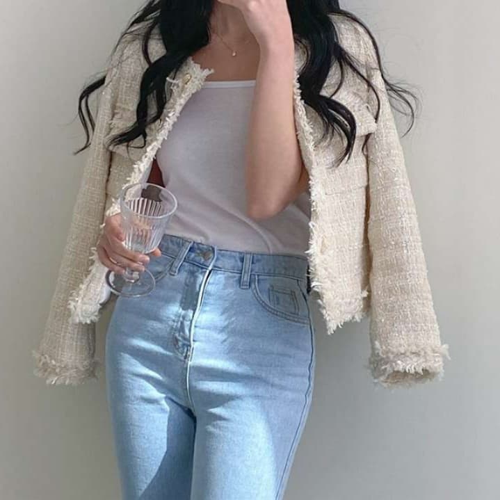 イエベ春/イエベ秋服　ツイード風フリンジトリムジャケット