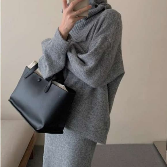 イエベ春/イエベ秋服　上質リブニット風タートルセットアップ