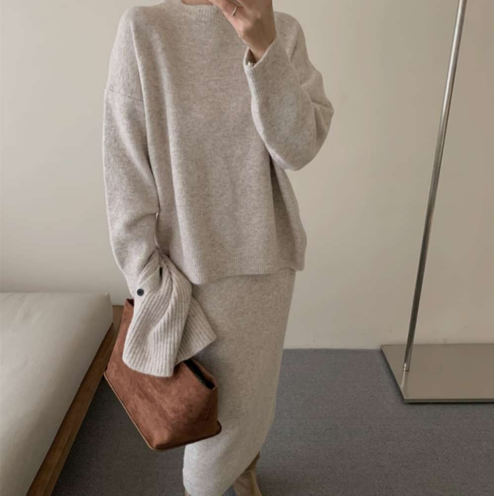 イエベ春/イエベ秋服　上質リブニット風タートルセットアップ