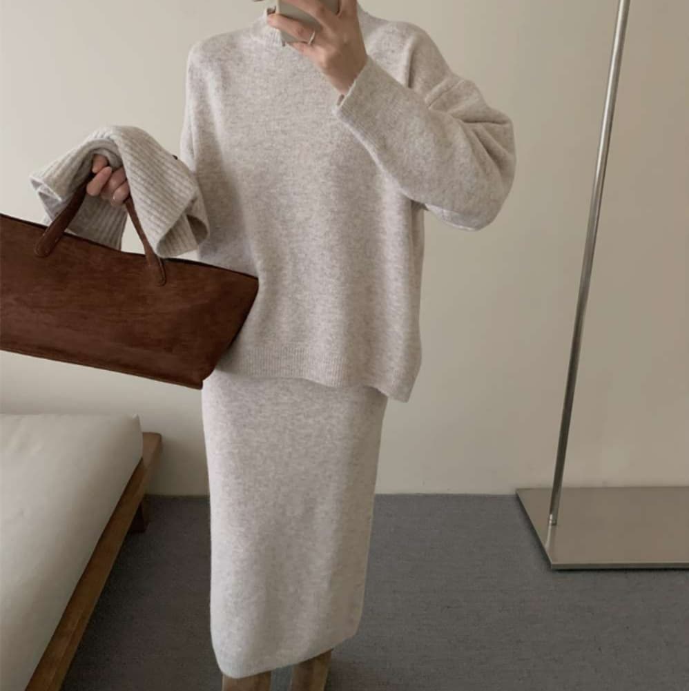 イエベ春/イエベ秋服　上質リブニット風タートルセットアップ