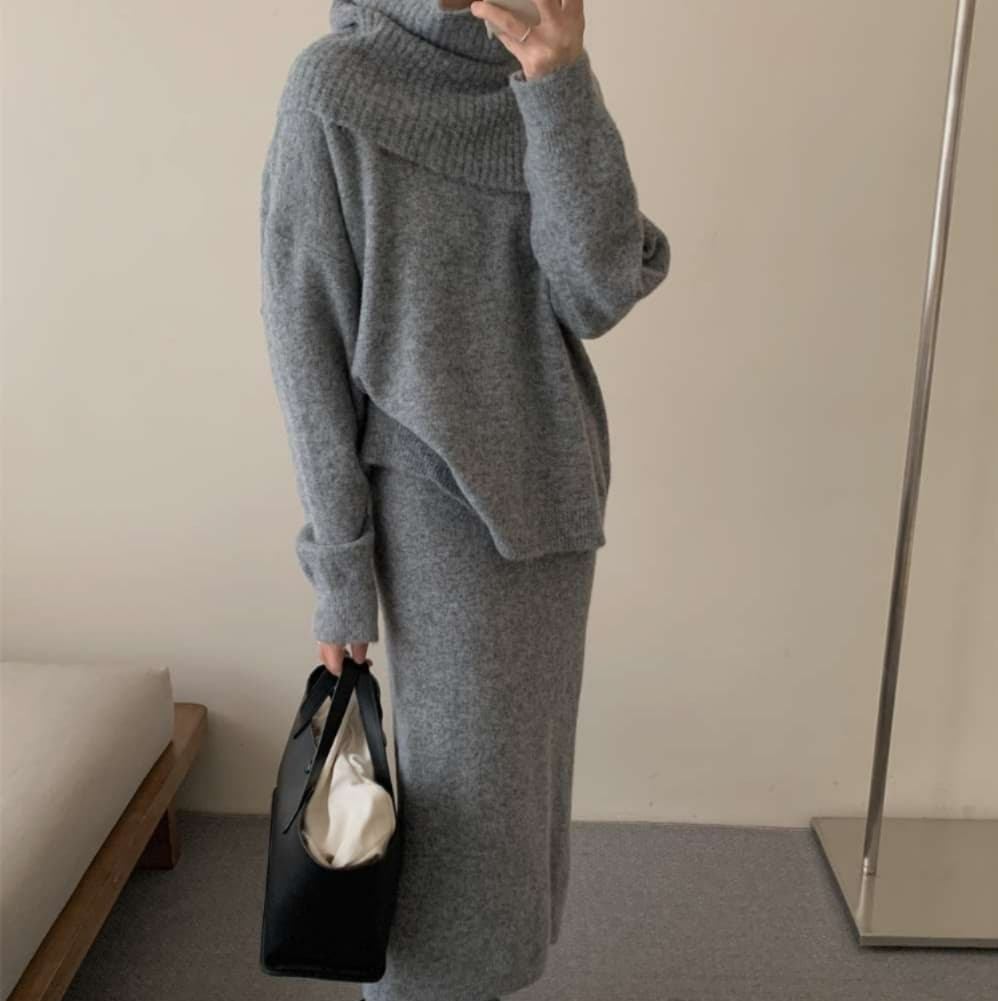イエベ春/イエベ秋服　上質リブニット風タートルセットアップ