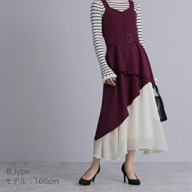 イエベ春/イエベ秋服　アシンメトリー重ね切替ワンピース