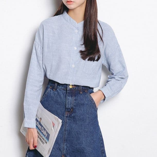 イエベ春服　立ち襟ストライプゆったりシャツ