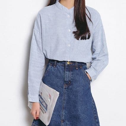 イエベ春服　立ち襟ストライプゆったりシャツ