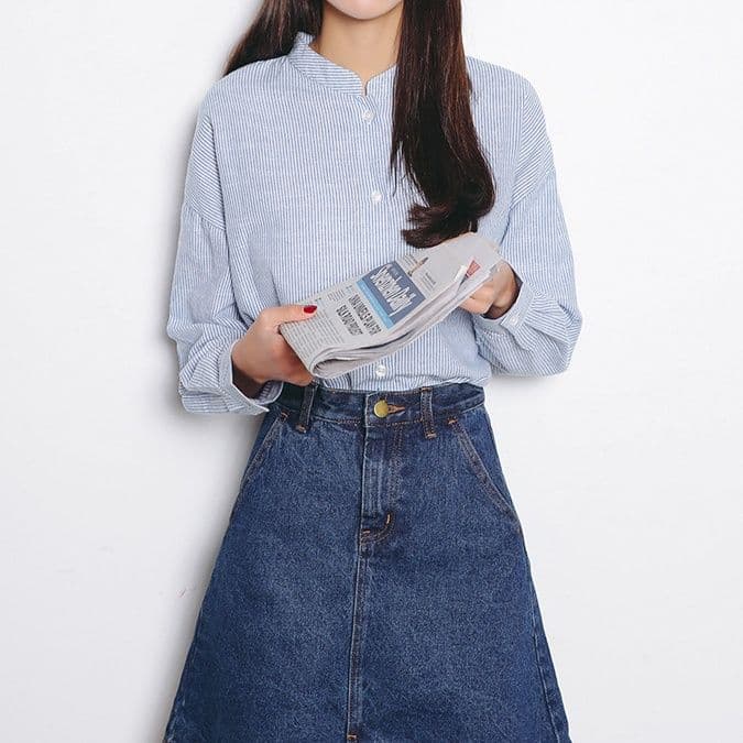 イエベ春服　立ち襟ストライプゆったりシャツ
