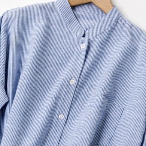 イエベ春服　立ち襟ストライプゆったりシャツ