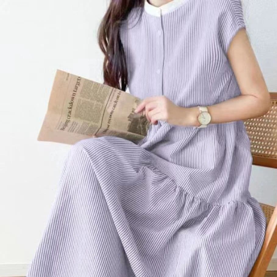 イエベ春/イエベ秋服　爽やか縦縞ティアードワンピース