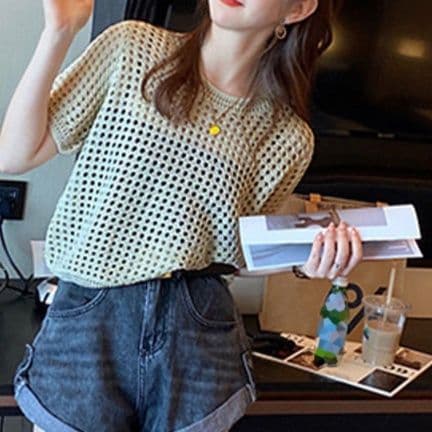 イエベ春/イエベ秋服　透かし編みニット レディースTシャツ