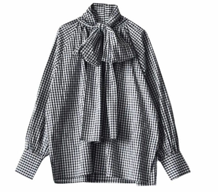 イエベ春/イエベ秋服　格子柄リボン付きボリューム袖ブラウス