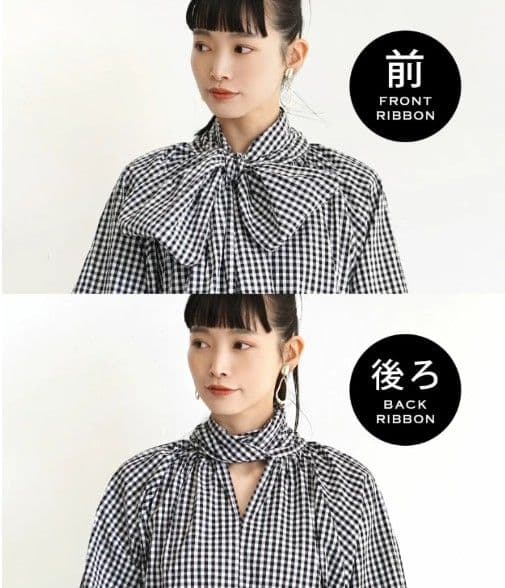 イエベ春/イエベ秋服　格子柄リボン付きボリューム袖ブラウス