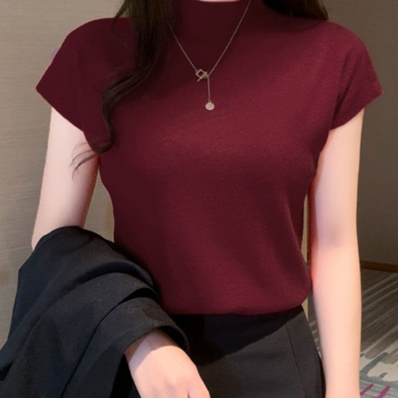 イエベ春/イエベ秋服　高品質ニット ハイネック フレンチスリーブ