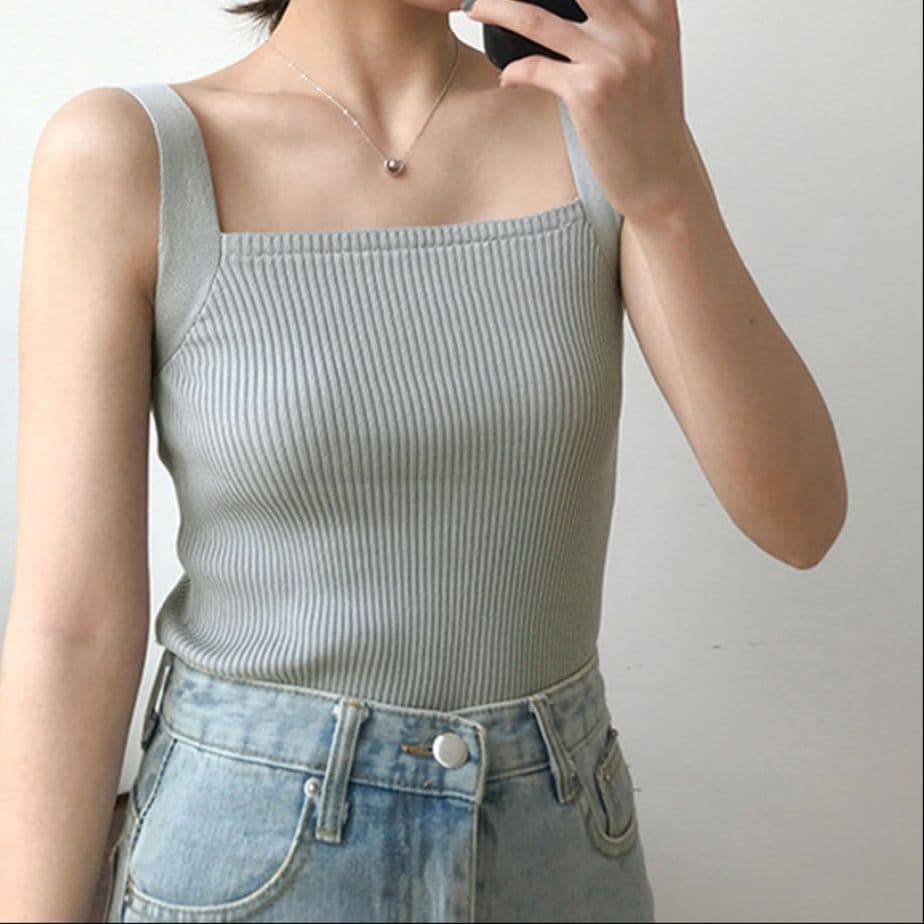 イエベ春/イエベ秋服　スクエアネック リブニット タンクトップ Tシャツ