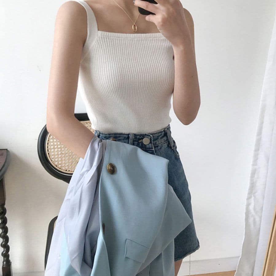 イエベ春/イエベ秋服　スクエアネック リブニット タンクトップ Tシャツ