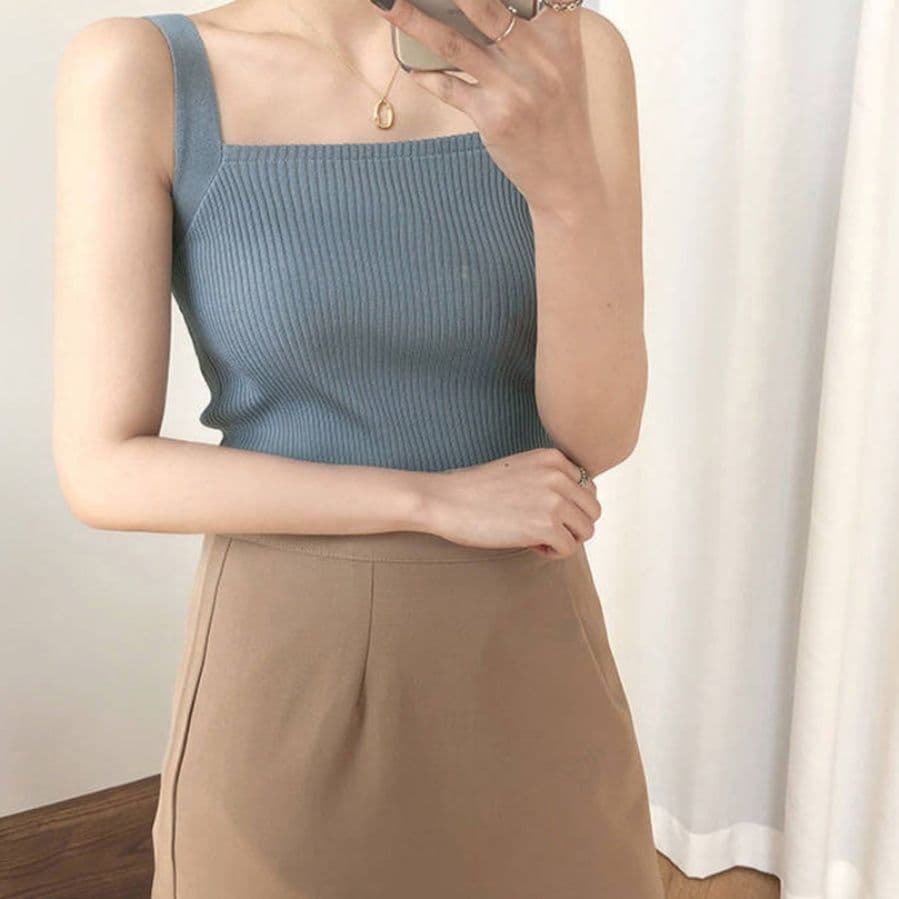 イエベ春/イエベ秋服　スクエアネック リブニット タンクトップ Tシャツ