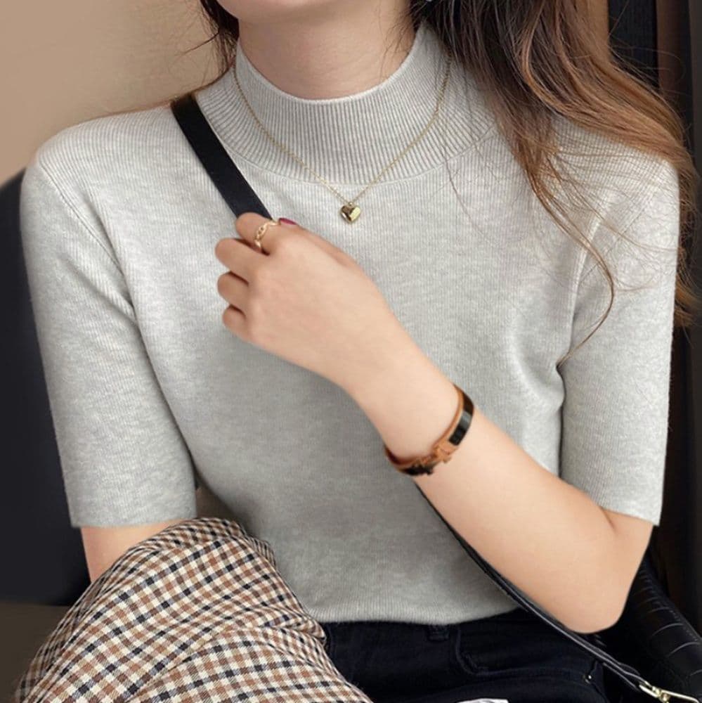 イエベ春/イエベ秋服　モックネック 五分袖 ニット