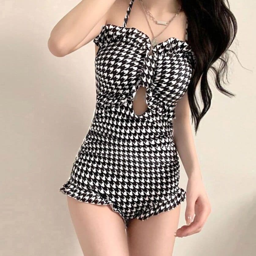 イエベ春/イエベ秋服　モノキニ水着 胸元リボン 体型カバー