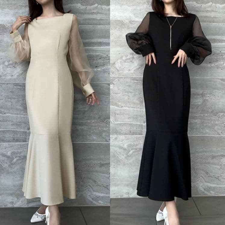 イエベ春/イエベ秋服　異素材切替ワンピース 長袖マーメイド風ロング丈