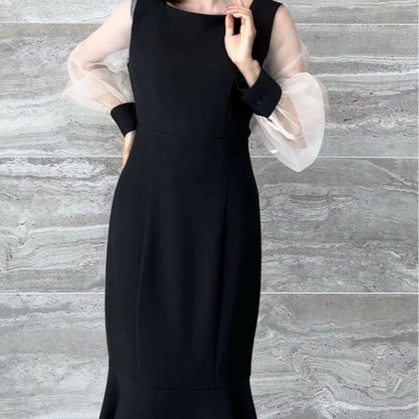 イエベ春/イエベ秋服　異素材切替ワンピース 長袖マーメイド風ロング丈