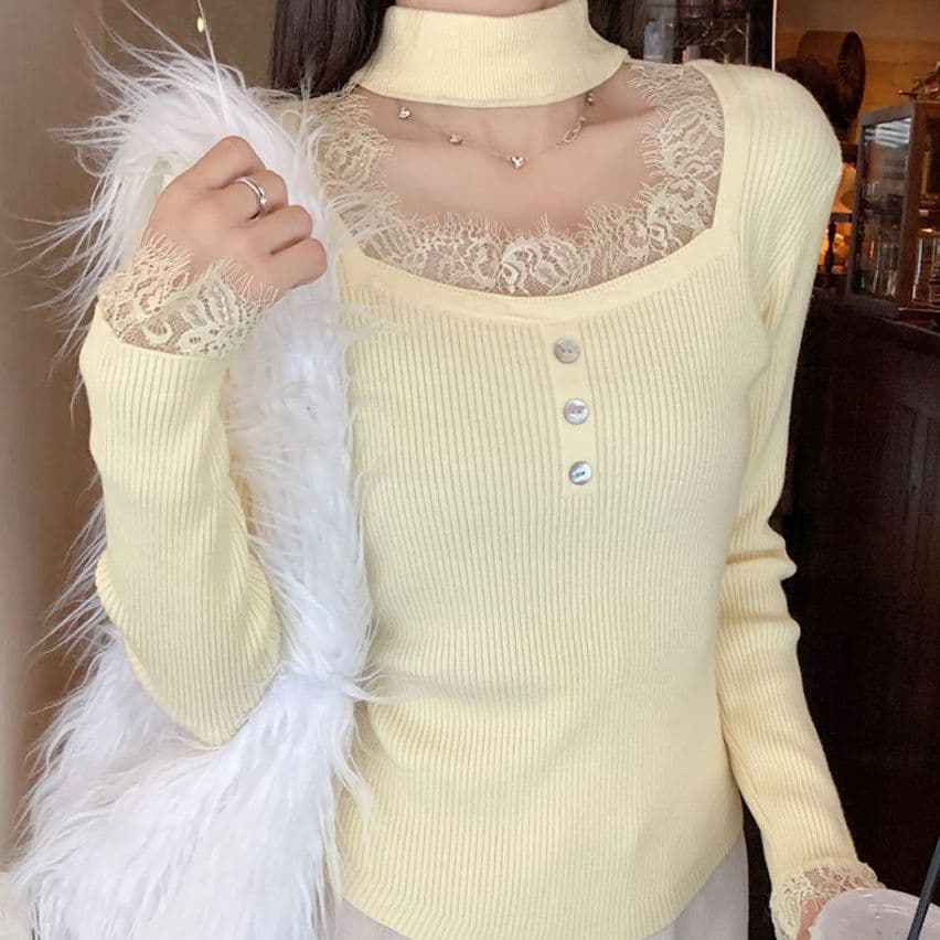 イエベ春服　レース切替チョーカー風ニットリブトップス