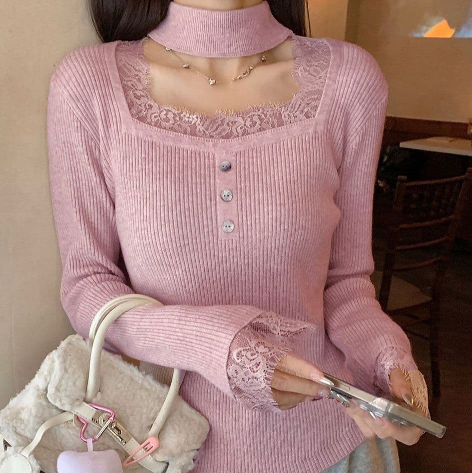 イエベ春服　レース切替チョーカー風ニットリブトップス