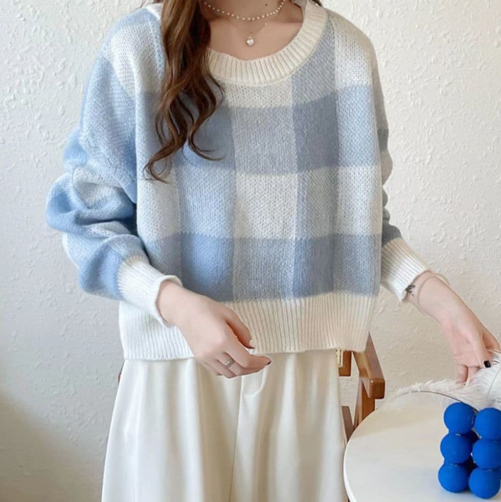 イエベ春/イエベ秋服　ブロックチェック柄ショート丈ニット