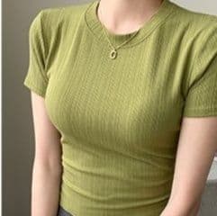 イエベ春/イエベ秋服　リブ加工 細身Tシャツ レディース 半袖