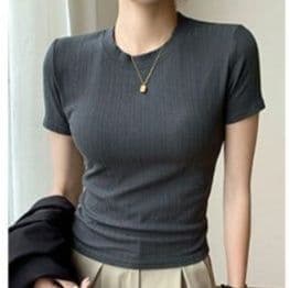 イエベ春/イエベ秋服　リブ加工 細身Tシャツ レディース 半袖