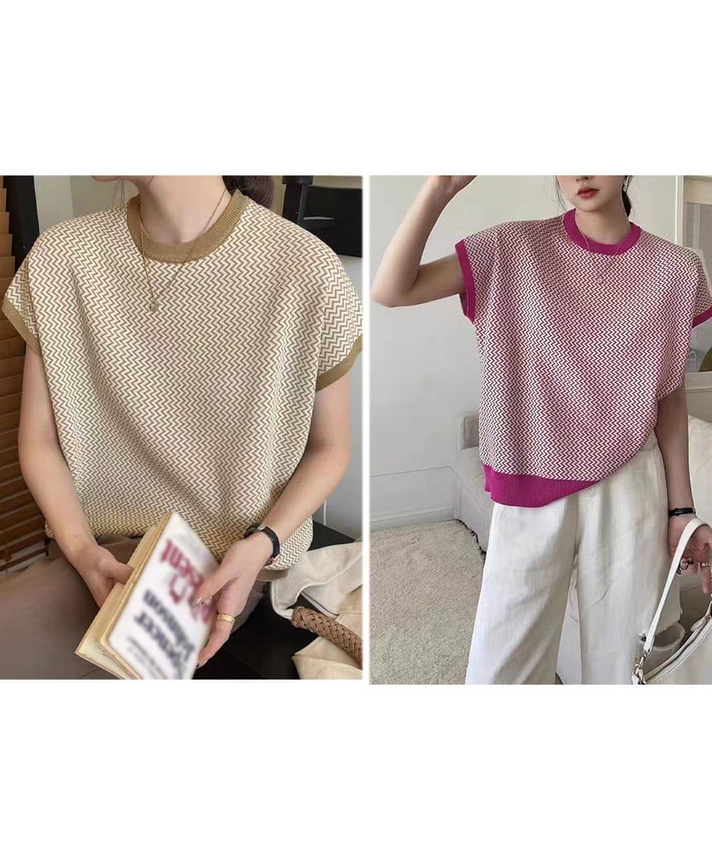イエベ春/イエベ秋服　涼やか幾何学柄ニット フレンチスリーブ