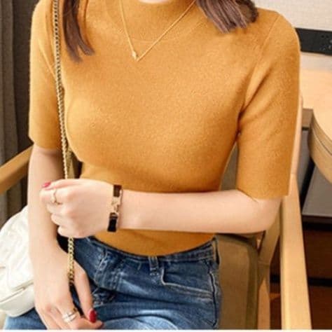 イエベ春/イエベ秋服　モックネック 五分袖 ニット