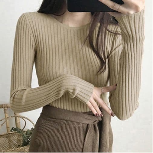 イエベ春/イエベ秋服　リブニット長袖トップス レディース 秋冬ニット